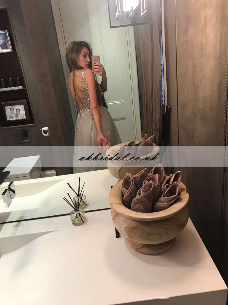 Sexy V-Neck Backless Prom Dress, Tulle Beaded A-Line Prom Dress, slit Prom Dress, KX289-1