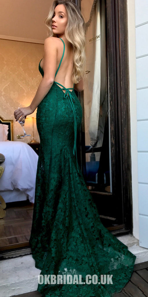Green Charming Lace Beaded Backless Prom Dress, Mermaid V-Neck Prom Dress, KX471