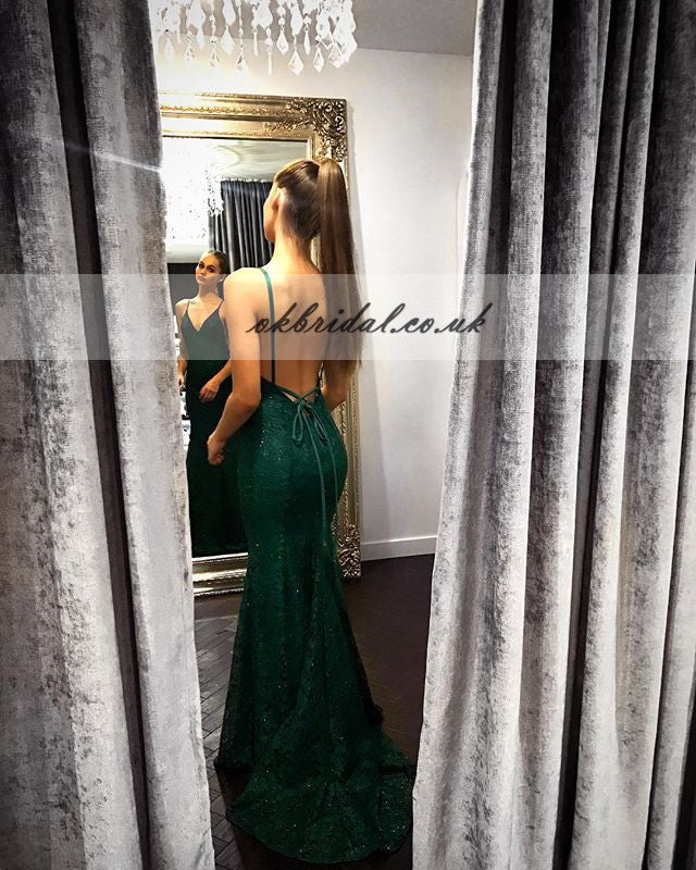 Green Charming Lace Beaded Backless Prom Dress, Mermaid V-Neck Prom Dress, KX471