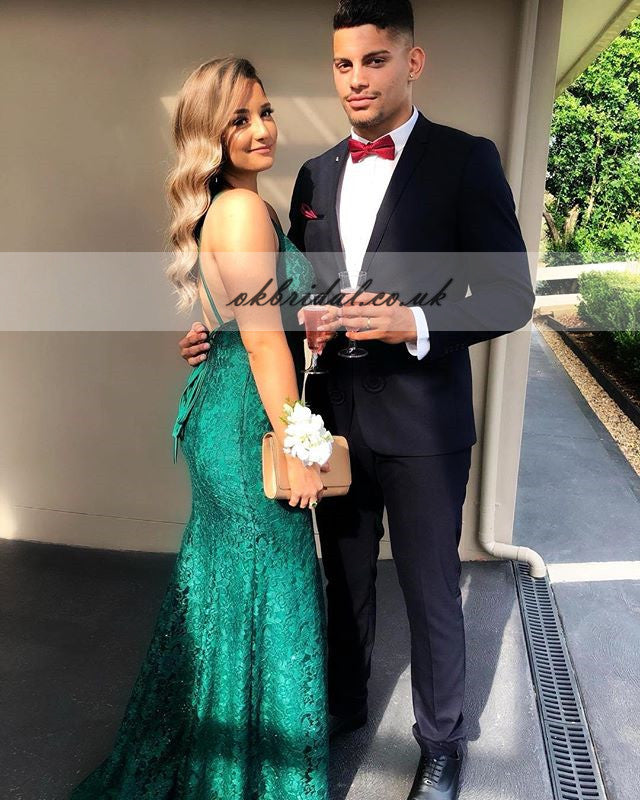 Green Charming Lace Beaded Backless Prom Dress, Mermaid V-Neck Prom Dress, KX471
