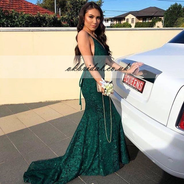 Green Charming Lace Beaded Backless Prom Dress, Mermaid V-Neck Prom Dress, KX471