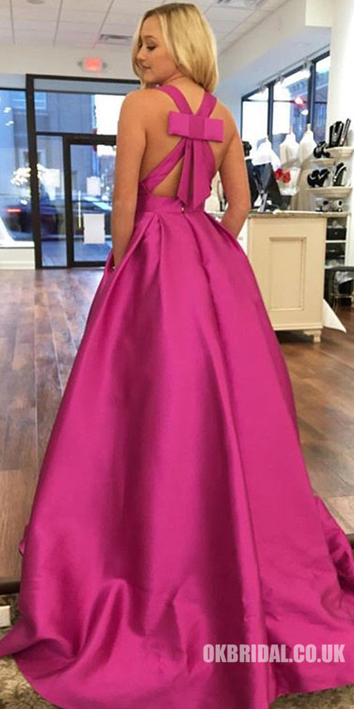 Satin V-Neck Prom Dresses,  A-Line Backless Prom Dress with Bow-Knot, KX668