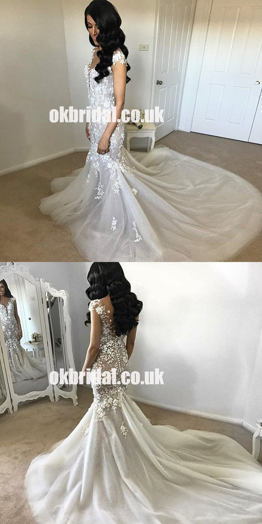Cap Sleeve Sexy Mermaid Organza Wedding Dress, Backless Applique Luxury Wedding Dress, LB0792
