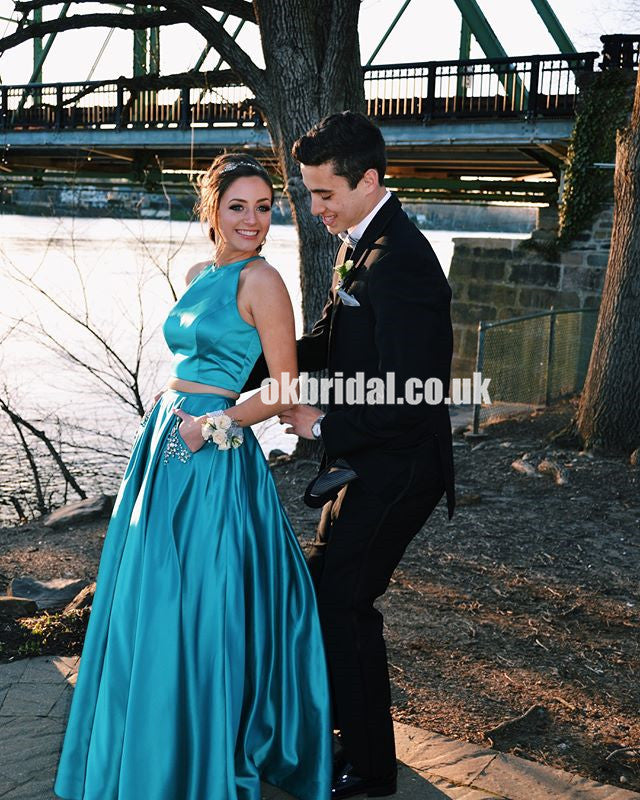 Two Pieces A-Line Satin Prom Dresses, OPen-Back Sleeveless Prom Dresses, KX1004