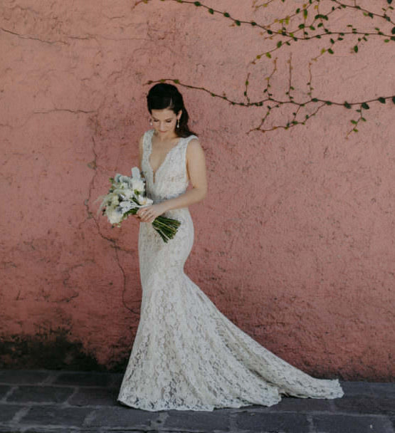 Beautiful Lace Mermaid Deep V-Neck Backless Long Floor-Length Sleeveless Wedding Dress, FC1481