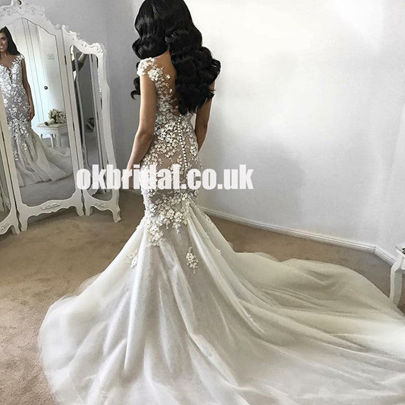 Cap Sleeve Sexy Mermaid Organza Wedding Dress, Backless Applique Luxury Wedding Dress, LB0792