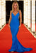 Blue Spaghetti Straps V-neck Mermaid Backless Long Prom Dresses, OB101
