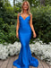 Blue Spaghetti Straps V-neck Mermaid Backless Long Prom Dresses, OB101