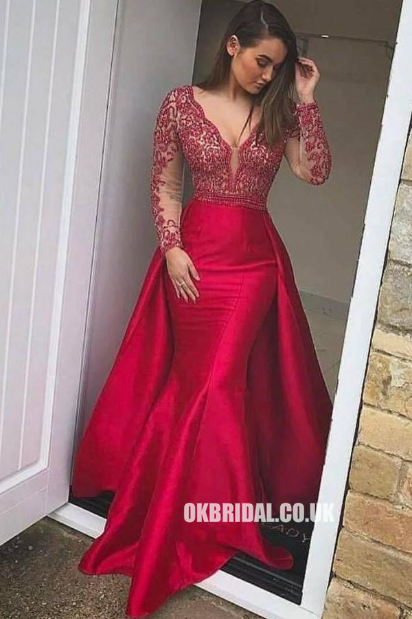 Custom Made Red Long Sleeve Beaded Backless Deep V-neck Prom Dresses, FC1952