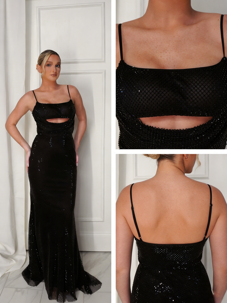 Spaghetti Straps Black Mermaid Sequin Backless Prom Dresses, OB108