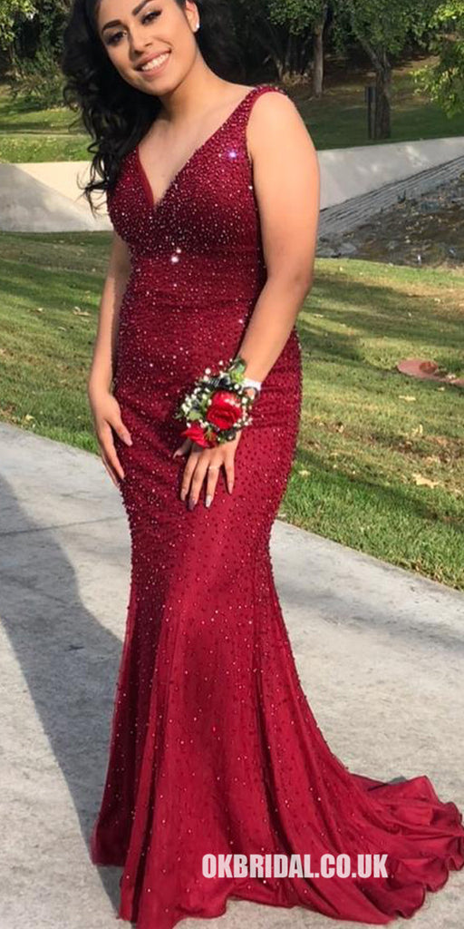 Sexy V-Neck Sleeveless Mermaid Red Beaded Backless Prom Dresses, KX1058