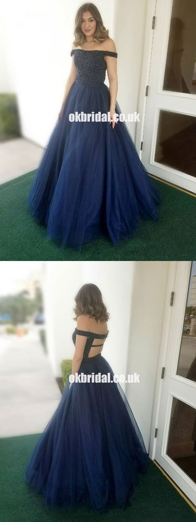 Charming Off Shoulder Beaded Prom Dress, Tulle A-Line Backless Prom Dress, KX1063