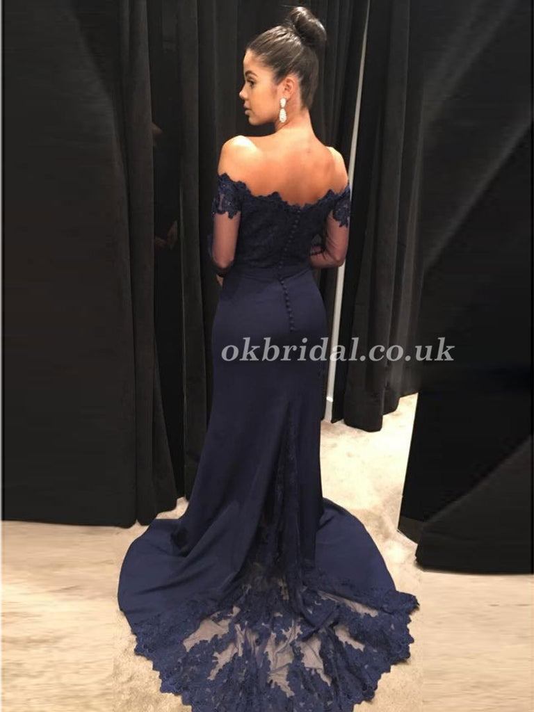 Off Shoulder Long sleeve Prom Dress, Satin Tulle Prom Dress, Applique Mermaid Prom Dress, KX107