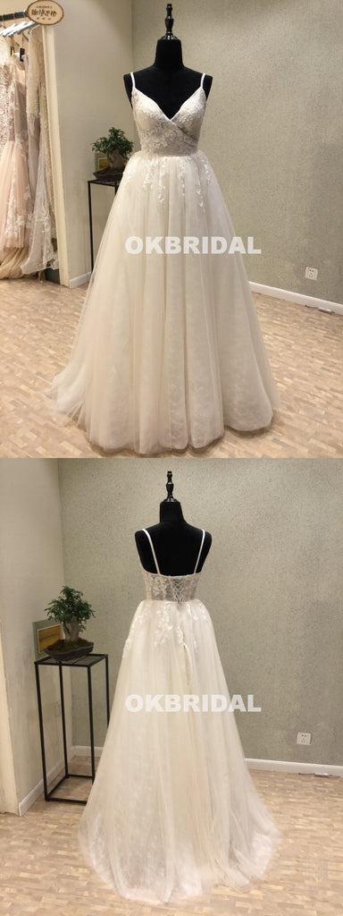 New Arrival Lace V-Neck Wedding Dresses, A-Line Backless Applique Wedding Dresses, KX1086