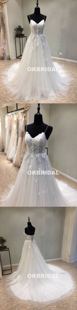 Charming Spaghetti Straps Tulle Wedding Dresses, A-Line Backless Applique Wedding Dresses, KX1087