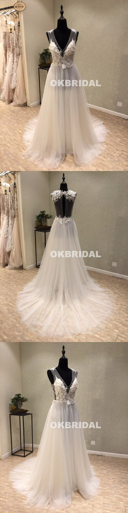 Cheap Tulle V-Neck Wedding Dresses, A-Line Open-Back Applique Wedding Dresses, KX1088