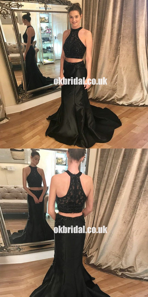 Black Two Pieces Satin Prom Dress, Beaded Top Mermaid Sleeveless Prom Dress, KX1257