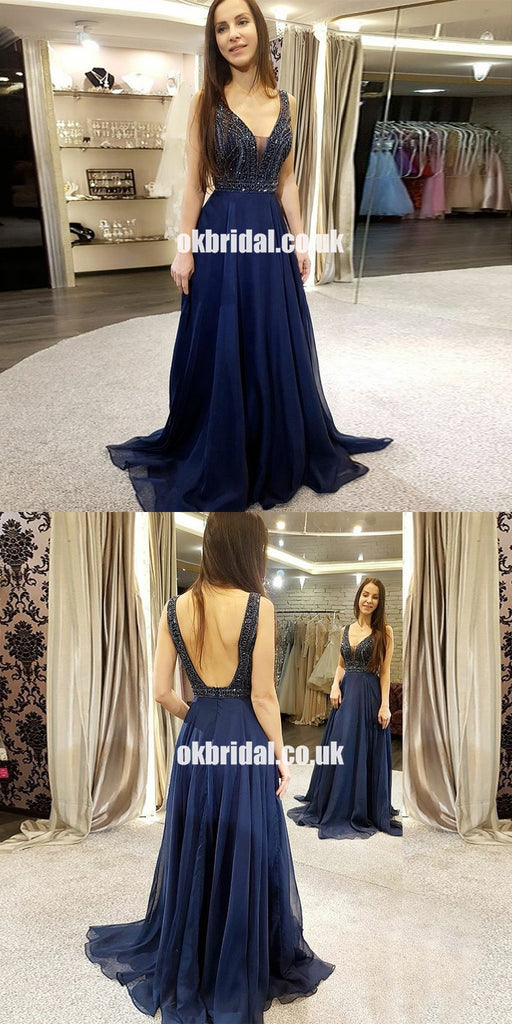 Online Charming Beaded A-Line Sleeveless Chiffon Long Navy Backless Prom Dresses, KX1258