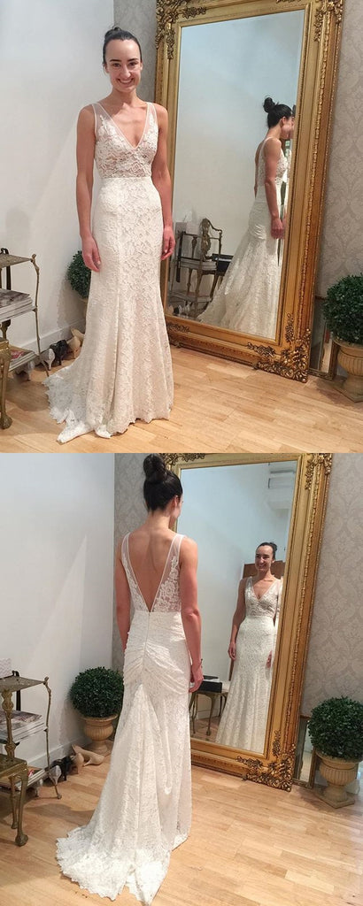 Charming Lace V-Neck Wedding Dress, Sexy Mermaid Backless Sleeveless Wedding Dress, FC1289