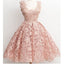 Dark Pink Lace Floral prints Vintage tea length elegant casual homecoming prom dresses,BD00128