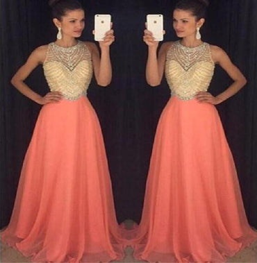 2017 Peach Halter Evening Prom Dresses, Long Beaded Party Prom Dress, Custom Long Prom Dresses, Cheap Formal Prom Dresses, 17068