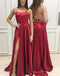 Red Spaghetti Straps Backless Prom Dress, A-Line Slit Sleeveless Prom Dress, KX133