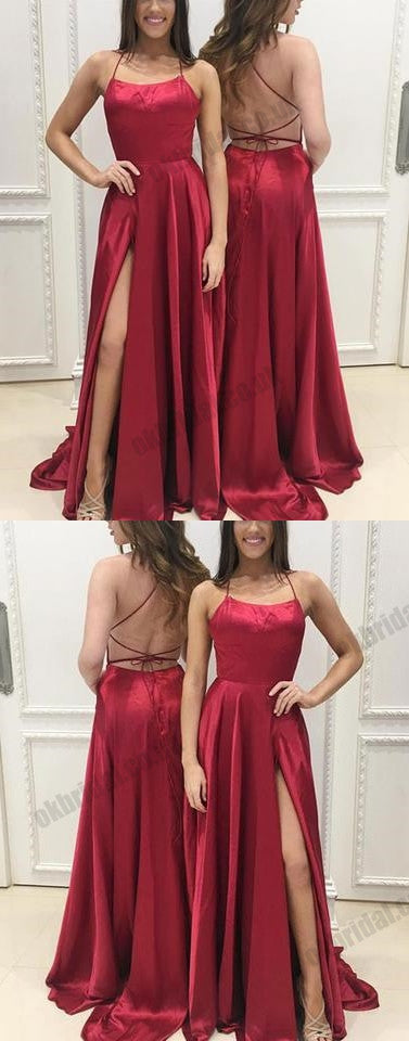 Red Spaghetti Straps Backless Prom Dress, A-Line Slit Sleeveless Prom Dress, KX133