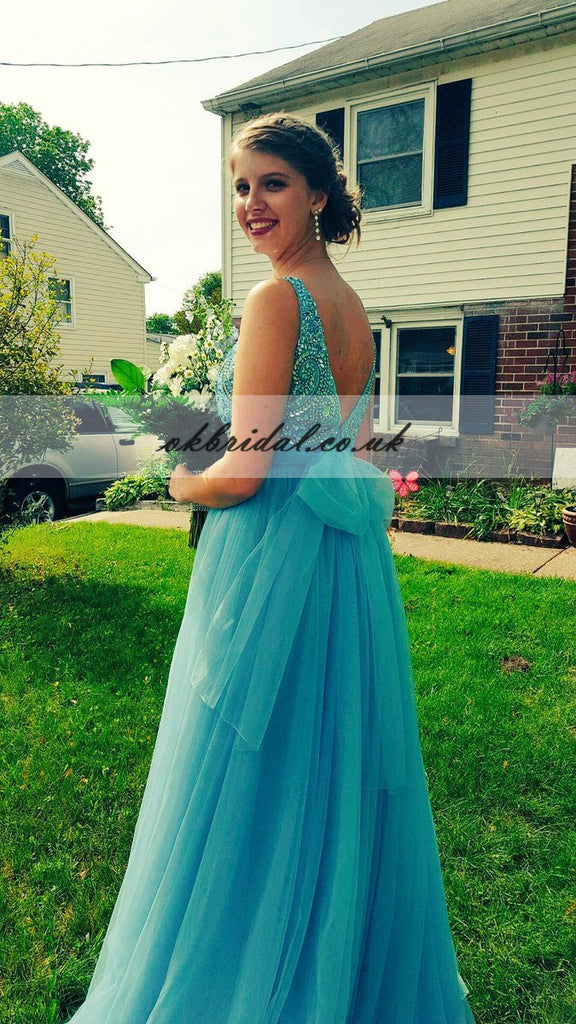 Tulle A-Line Sleeveless Prom Dress, Beaded V-Back Prom Dress, KX141