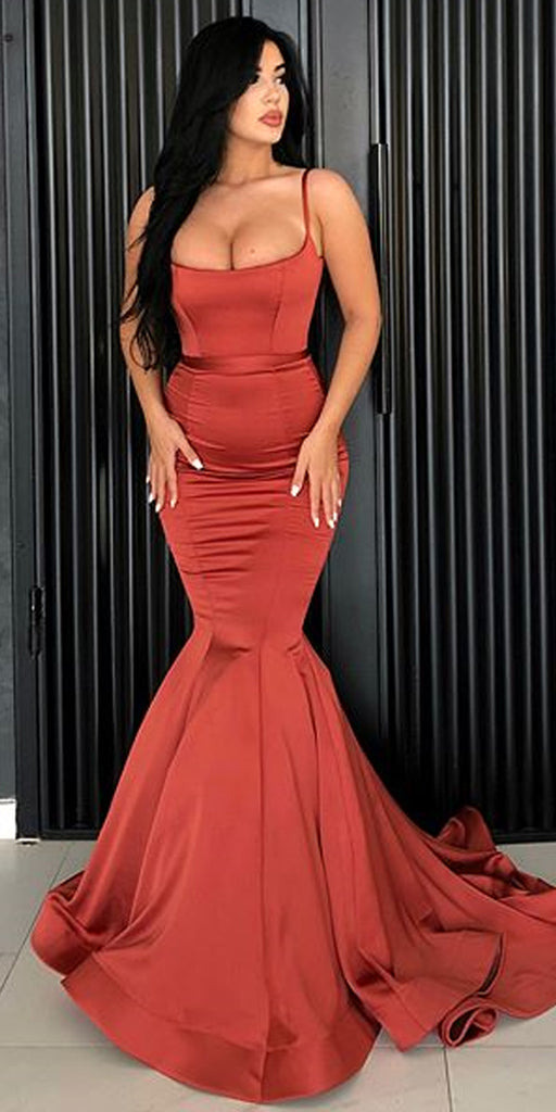 Spaghetti Straps Backless Satin Mermaid Sleeveless Long Prom Dresses, FC1430