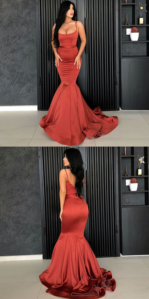 Spaghetti Straps Backless Satin Mermaid Sleeveless Long Prom Dresses, FC1430