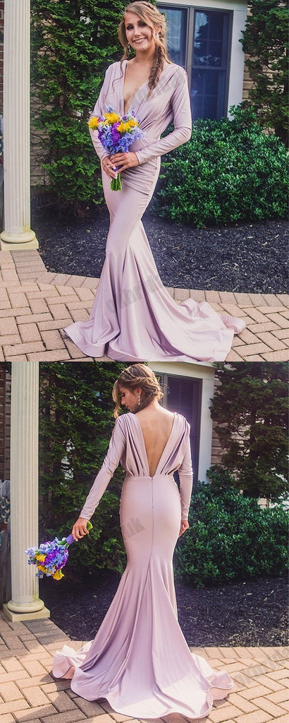 Long Sleeve Deep V-Neck Mermaid Prom Dresses, Soft Satin V-Back Evening Dresses, KX1453