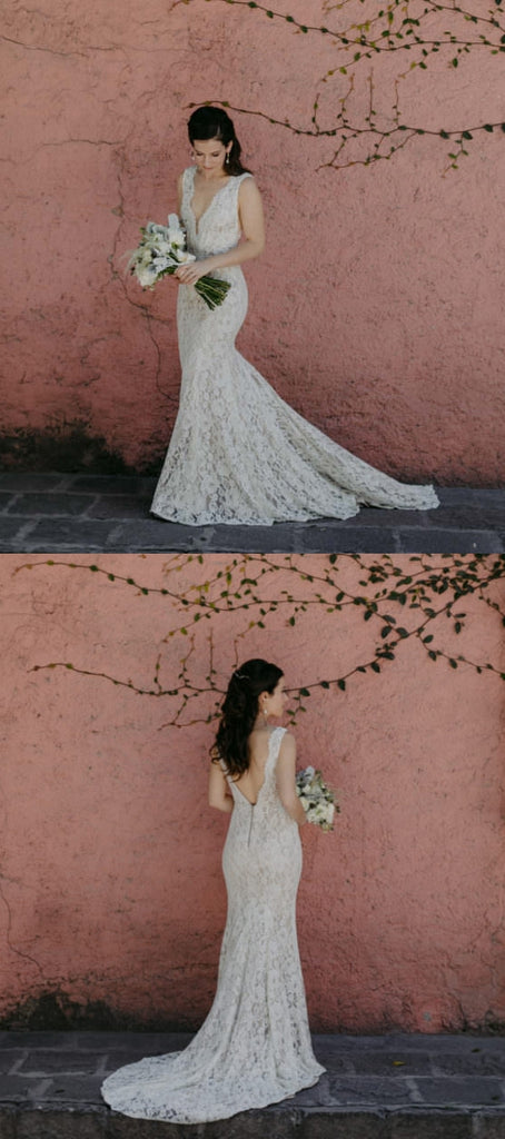 Beautiful Lace Mermaid Deep V-Neck Backless Long Floor-Length Sleeveless Wedding Dress, FC1481