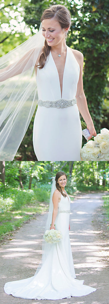 Vintage White Open-Back Mermaid Sleeveless Satin Chiffon Wedding Dresses, FC1530