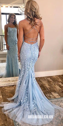 Blue Mermaid Spaghetti StrapsTulle Backless Applique Prom Dresses, FC1542
