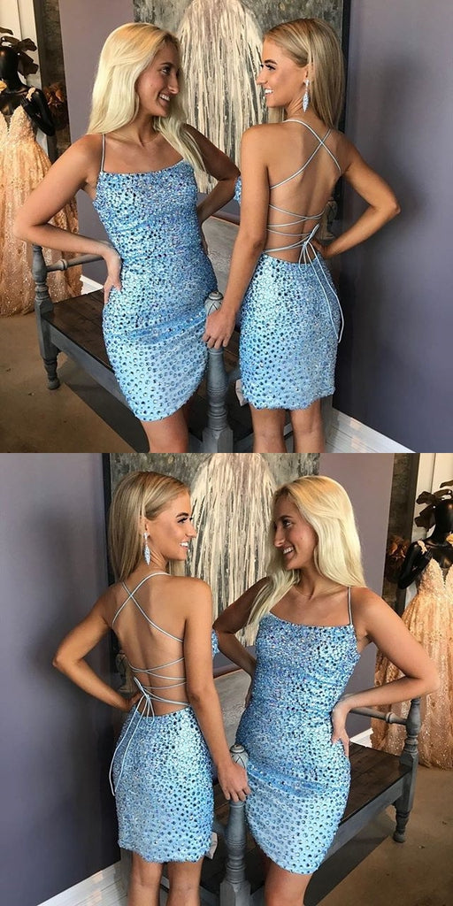 Spaghetti Straps Backless Sheath Beaded Luxury Homecoming Dress, FC1544