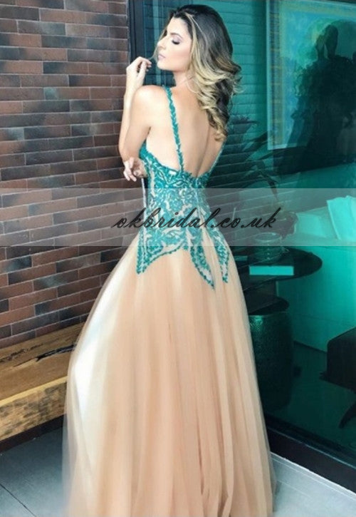 Tulle Spaghetti Straps Prom Dress, Applique Backless Prom Dress, A-Line Prom Dress, KX156