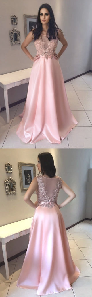 Pink Satin A-Line Sleeveless Prom Dresses, Tulle Long Beaded Prom Dresses, KX157