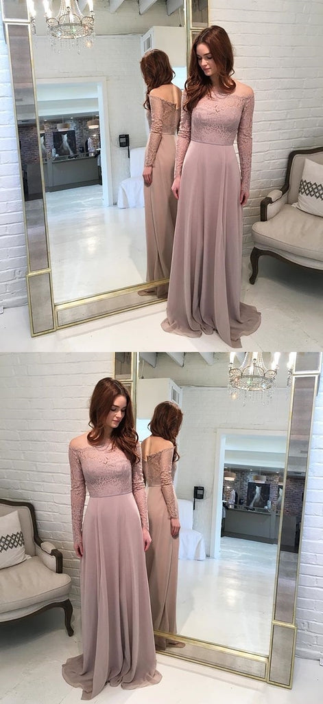 Elegant Off Shoulder Lace Top A-Line Chiffon Cheap Long Bridesmaid Dresses, FC1582