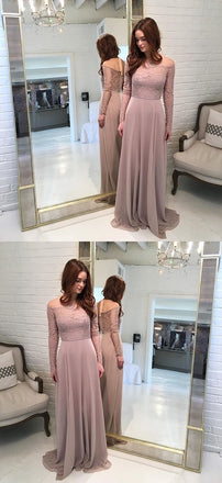 Elegant Off Shoulder Lace Top A-Line Chiffon Cheap Long Bridesmaid Dresses, FC1582