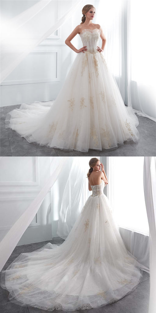 Elegant Sweet Heart A-Line Tulle Backless Applique Lace Long Wedding Dresses, FC1635