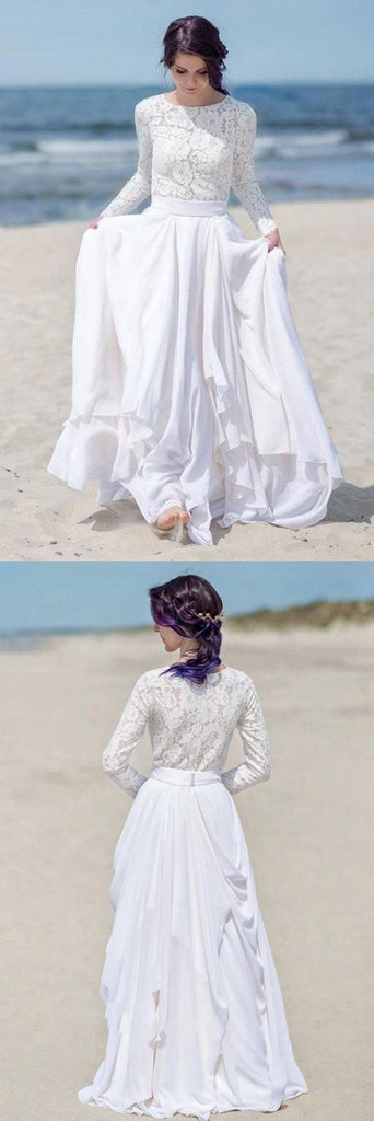 Long Sleeve A-Line Lace Top Elegant Chiffon Wedding Dress, FC1637