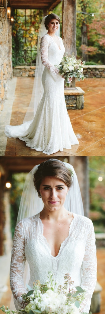 Charming Lace Long Sleeve V-Neck Mermaid Long Wedding Dresses, FC1656