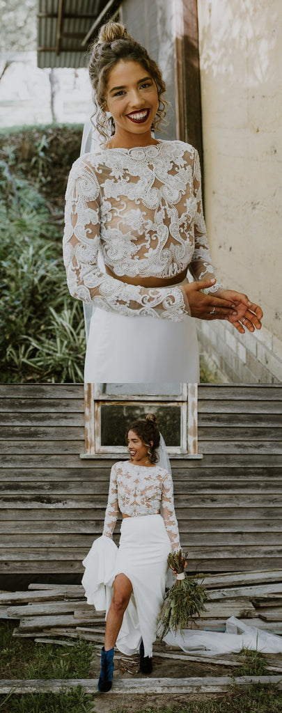 Unique Two Pieces Chiffon Sexy Slit Long Sleeve Lace Wedding Dresses, FC1659