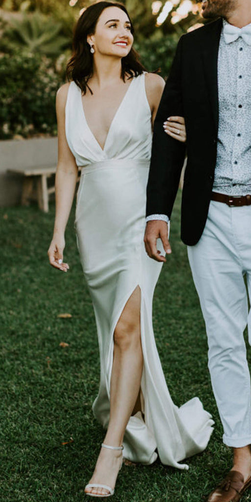 Simple Deep V-Neck Elastic Satin Backless Slit Wedding Dresses, FC1681