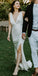 Simple Deep V-Neck Elastic Satin Backless Slit Wedding Dresses, FC1681