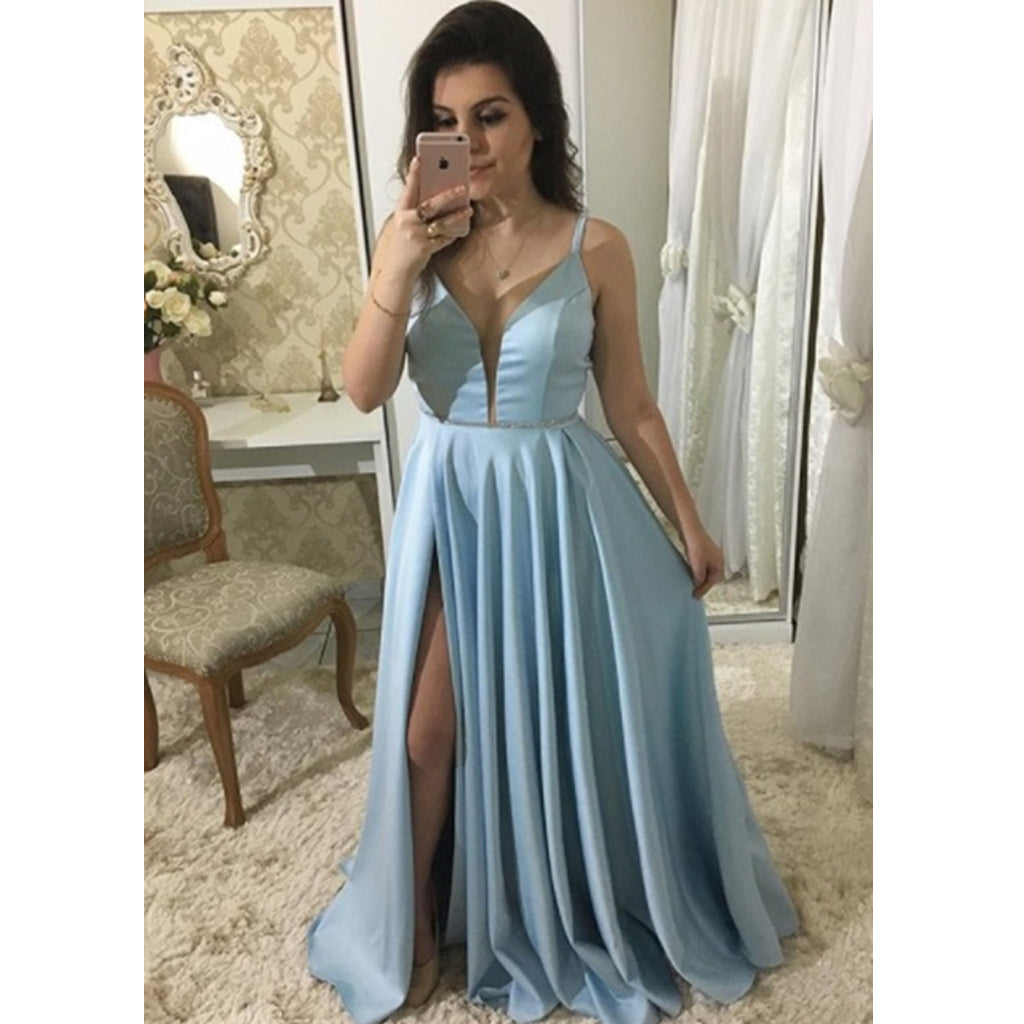 Light Blue Satin A-Line Prom Dress, Spaghetti Straps Backless Slit Prom Dress, KX168