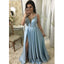 Light Blue Satin A-Line Prom Dress, Spaghetti Straps Backless Slit Prom Dress, KX168