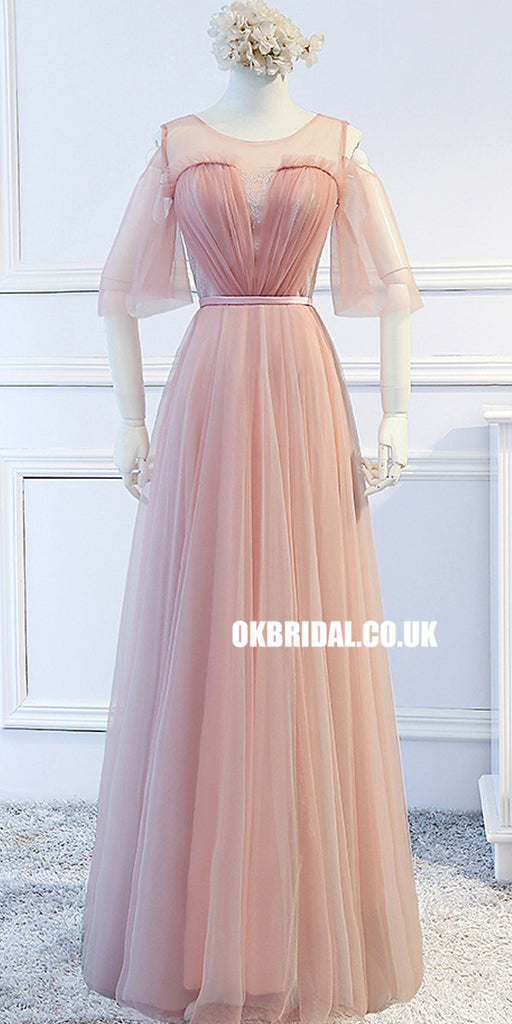 Simple Design Tulle Half Sleeve A-Line Cheap Open-Back Bridesmaid Dress, FC1698