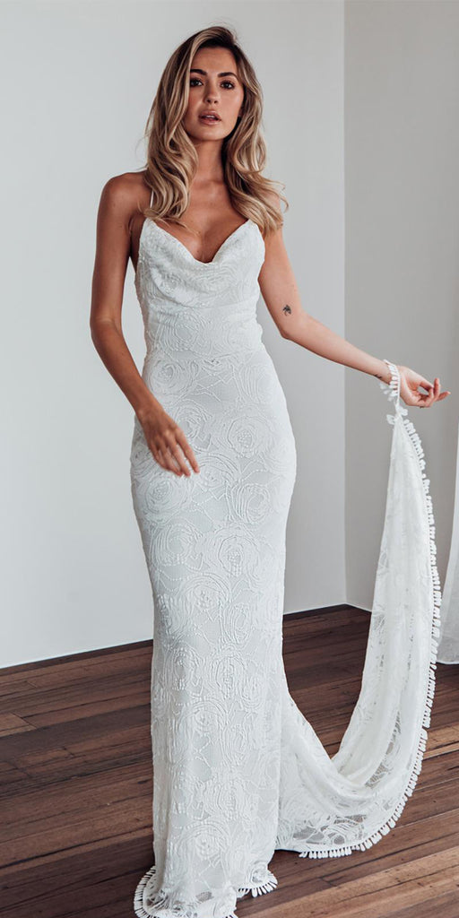 Charming White Lace Mermaid Sleeveless Cross Back Wedding Dresses, FC1761