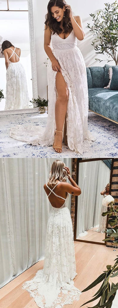 Charming Spaghetti Straps Lace A-Line Backless Slit Wedding Dresses, FC1762